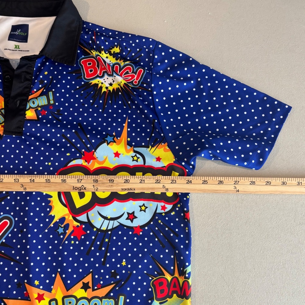 ReadyGOLF Mens Comic Book Boom Bang Pow Polka Dot Golf Polo Shirt Blue XL - Picture 7 of 9